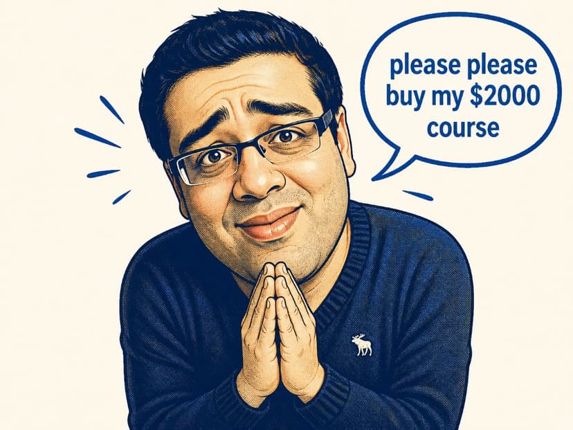 Cartoon man with hands clasped pleading 'please please buy my $2000 course'
